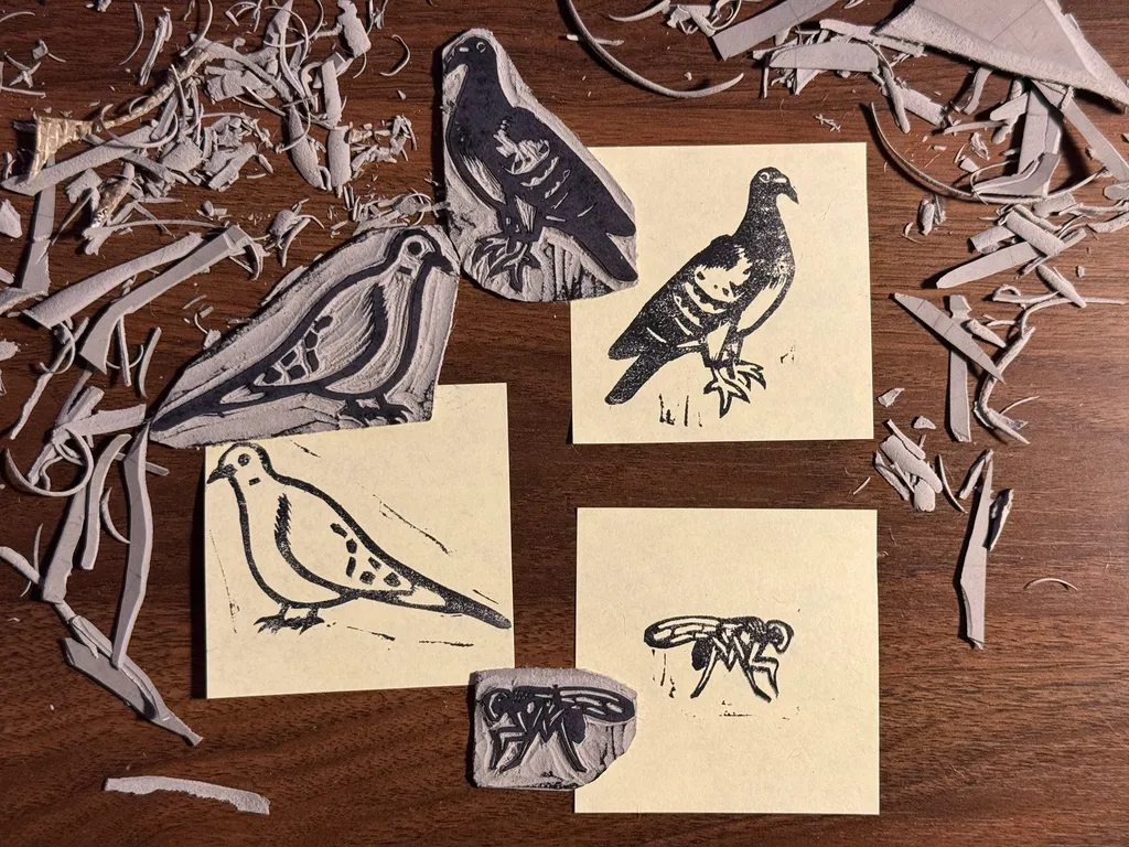 Multiple sketches of various birds, including crows and sparrows, are arranged on a wooden surface surrounded by scattered paper scraps and wood shavings.