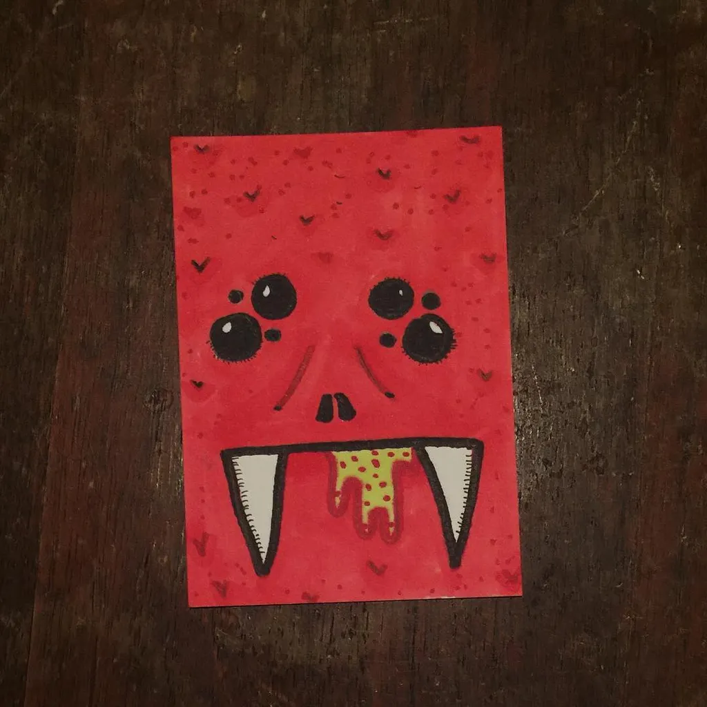 A red, square drawing of a stylized monster face with large black eyes, a small nose, and a wide mouth showing sharp teeth and dripping yellow saliva.