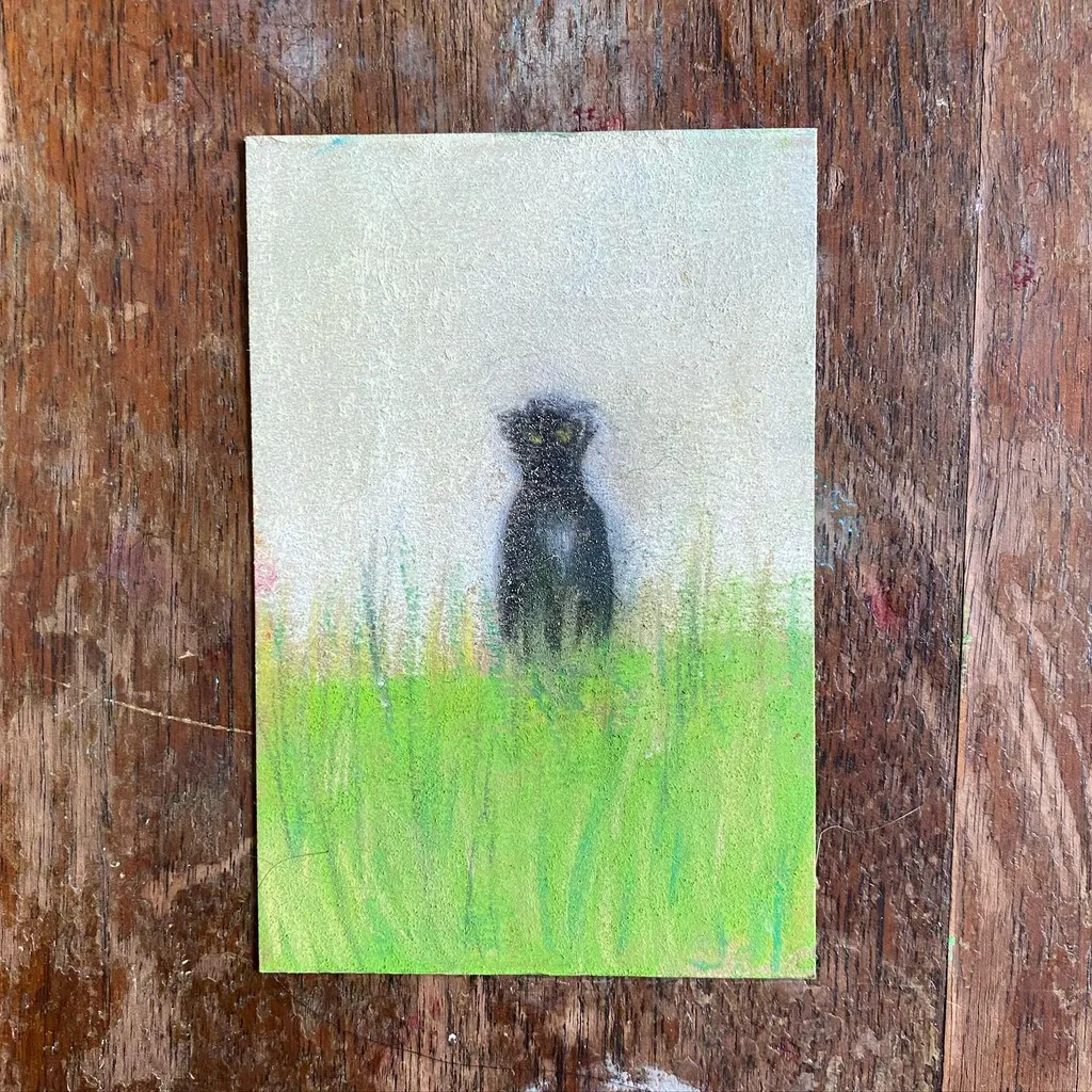 A dark, indistinct animal stands centered in tall, bright green grass against a pale, diffused background, with the grass rendered in vertical strokes.