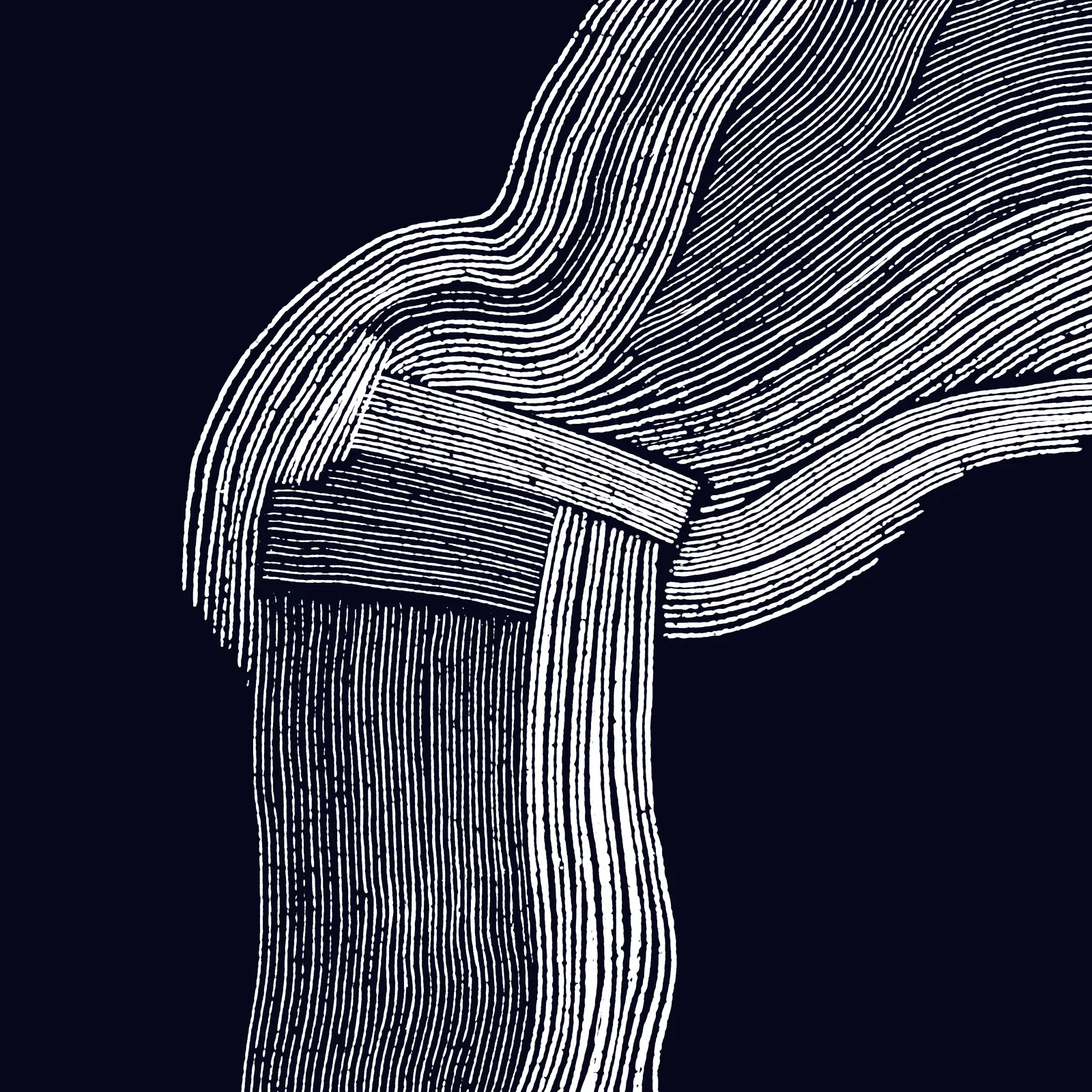 A detailed black and white drawing of a joint and surrounding anatomy, composed of layered curved lines and dense parallel hatching to define muscle groups.