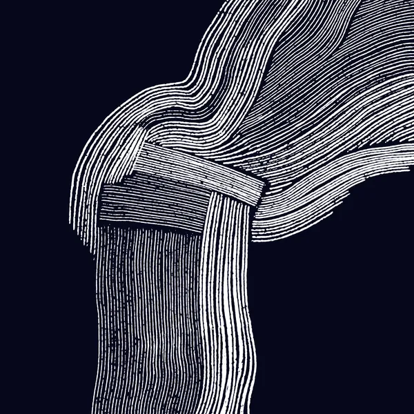 A detailed black and white drawing of a joint and surrounding anatomy, composed of layered curved lines and dense parallel hatching to define muscle groups.