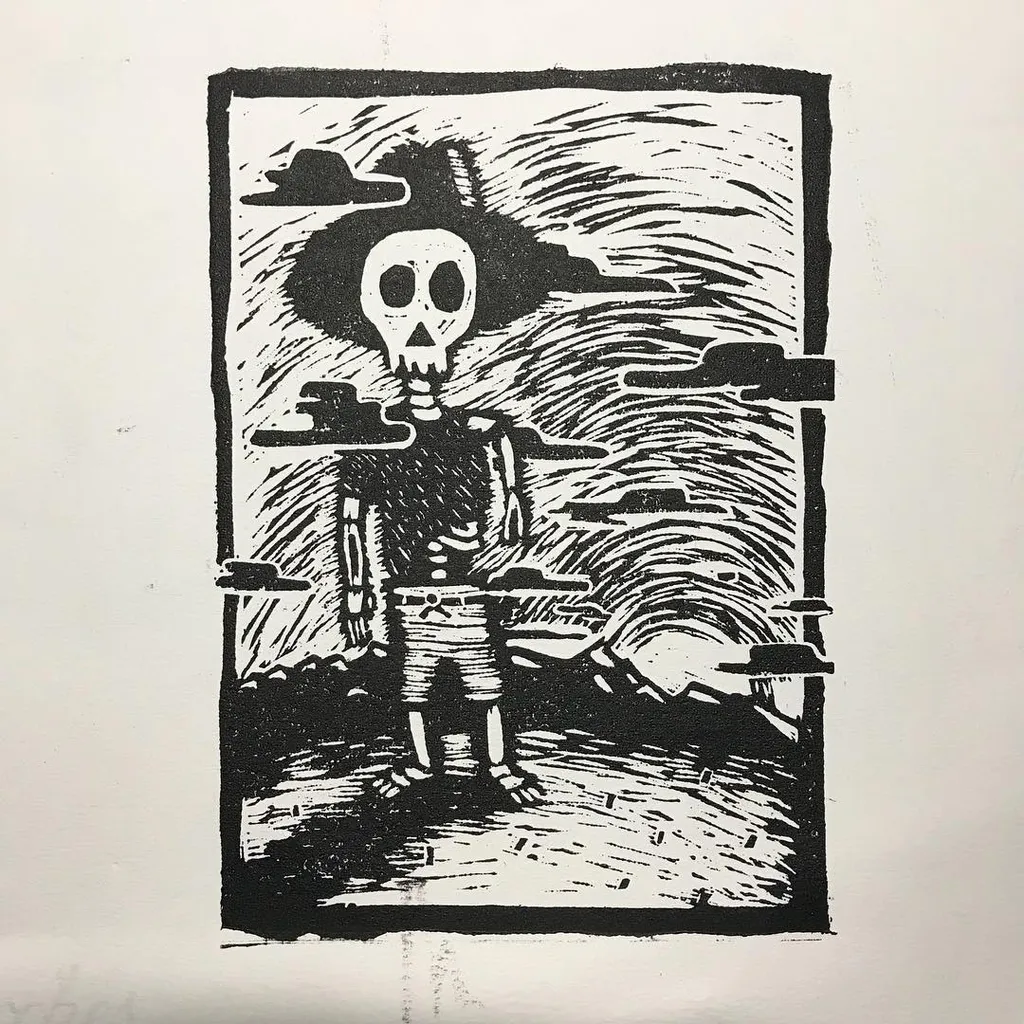 Black ink drawing of a central, skeletal figure surrounded by radiating lines and several small, saucer-shaped objects arranged horizontally.