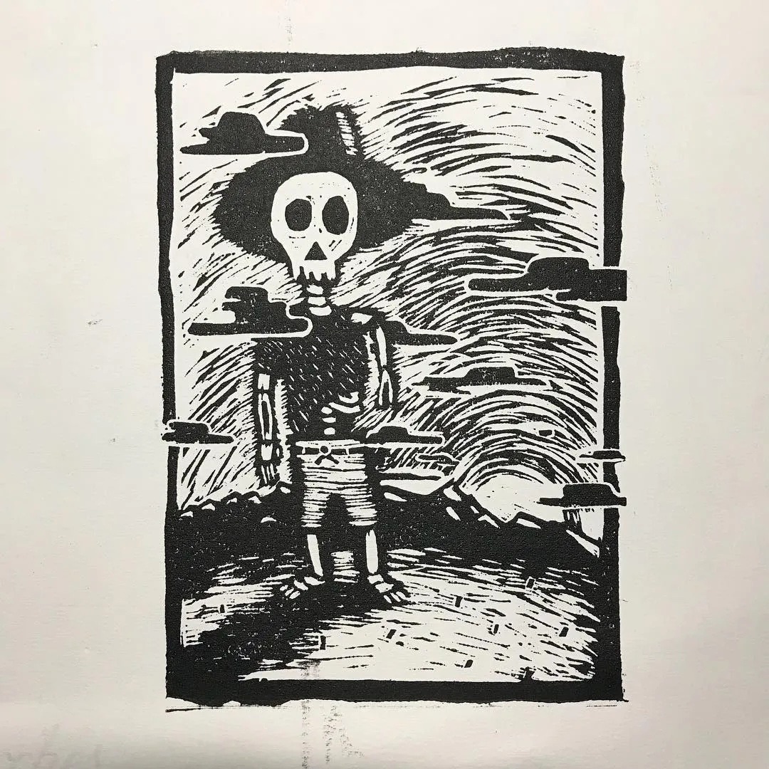 Black ink drawing of a central, skeletal figure surrounded by radiating lines and several small, saucer-shaped objects arranged horizontally.