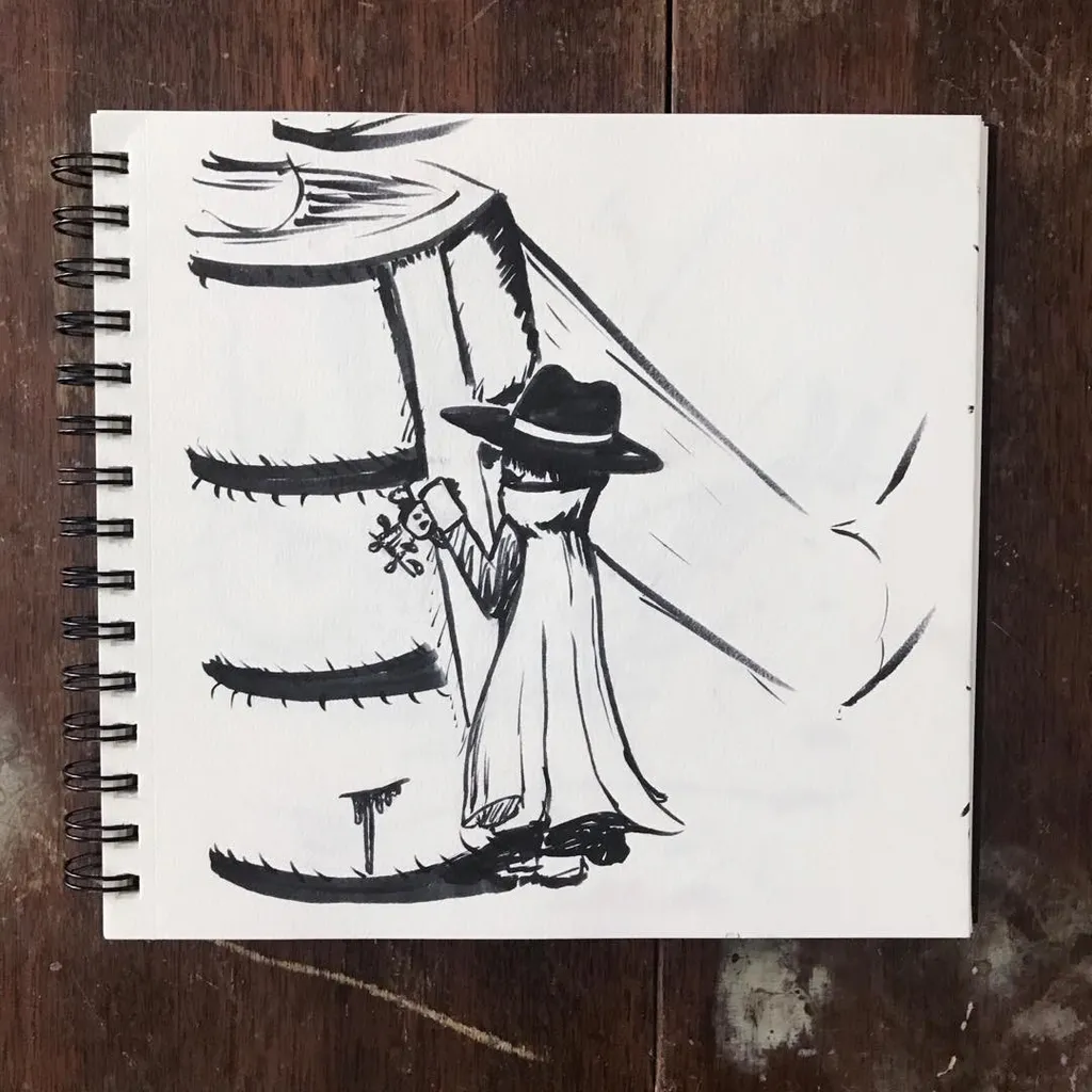 A black line drawing on white paper depicts a figure in a hat and long coat standing next to a stacked, cylindrical structure while holding a small object.