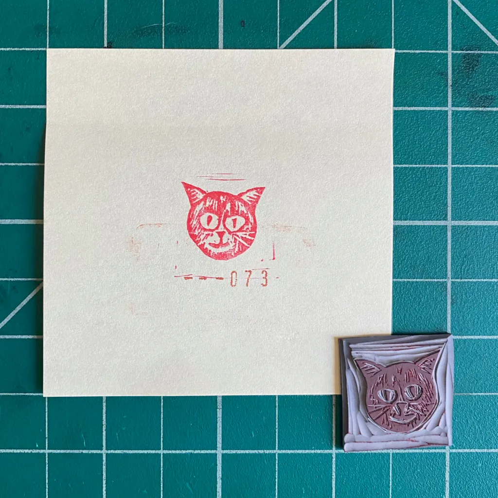 On a teal grid, a cream paper displays a red cat drawing and the numbers 073, with two small, layered pieces below featuring raised reddish-brown cat faces on lavender and white backgrounds.