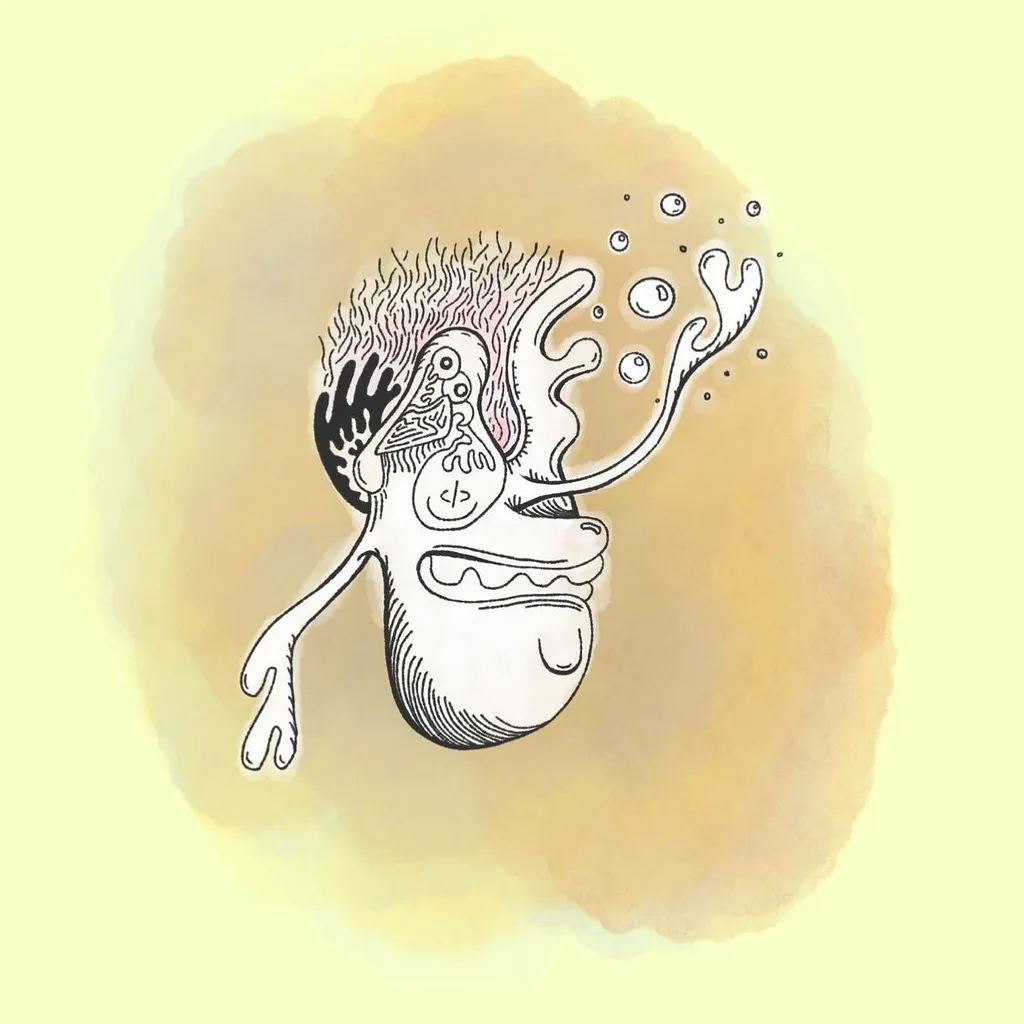 A detailed black ink drawing of a stylized, organic figure with a round body and multiple appendages, centered within a soft, warm yellow and brown wash.