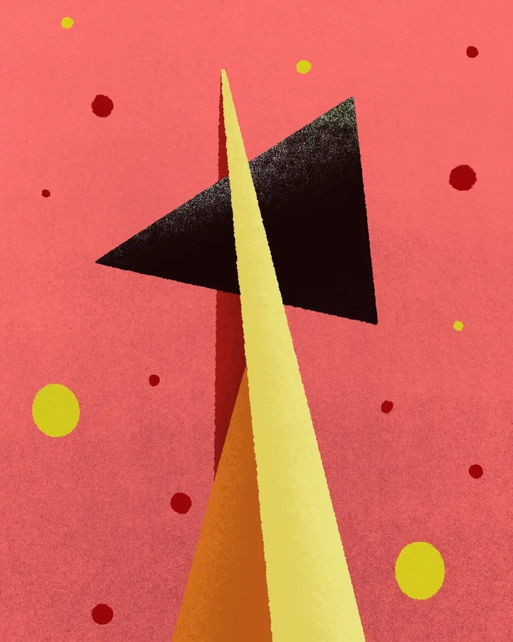A central yellow-orange triangle rises against a reddish-pink background, topped by a black triangle, while scattered red and yellow dots fill the space.