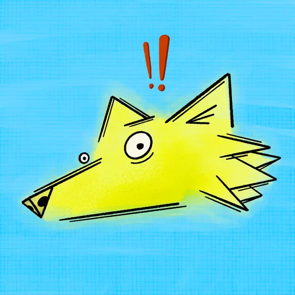 A stylized yellow fox head with black outlines is positioned on a light blue background, facing left and accompanied by two red exclamation points floating above its back.