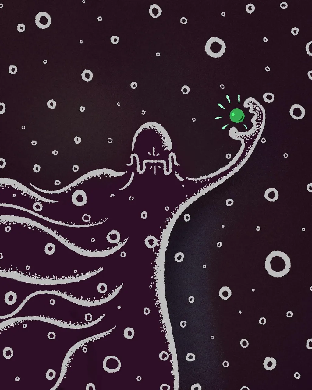 A stylized purple figure, speckled in white, rises from wavy lines against a dark background speckled with white circles, holding a glowing green object in its raised arm.