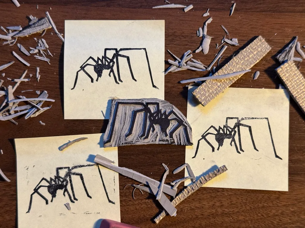Multiple black drawings of spiders are arranged on light paper, scattered across a brown surface alongside natural debris like wood shavings and sticks.