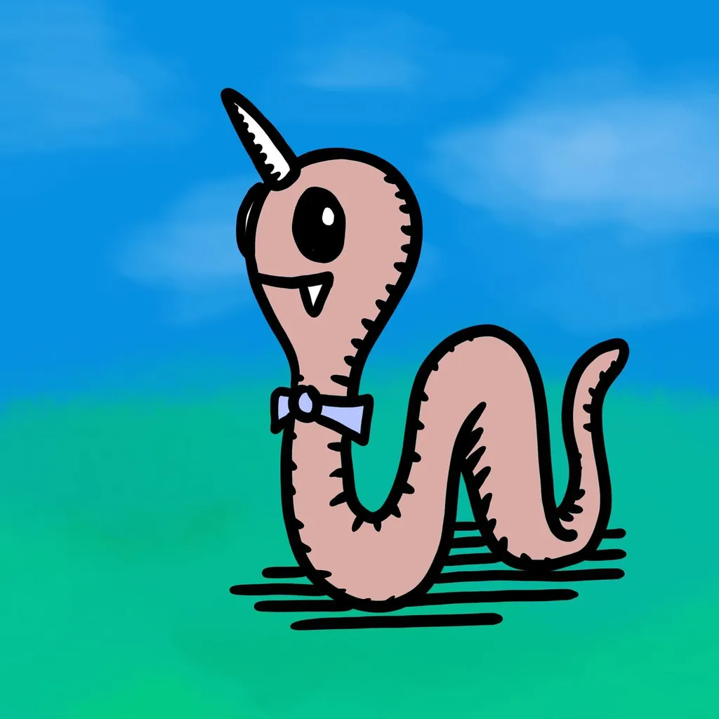 A cartoon drawing of a tan, horned snake with a blue bow, coiled on green ground beneath a blue sky, rendered with thick black outlines.