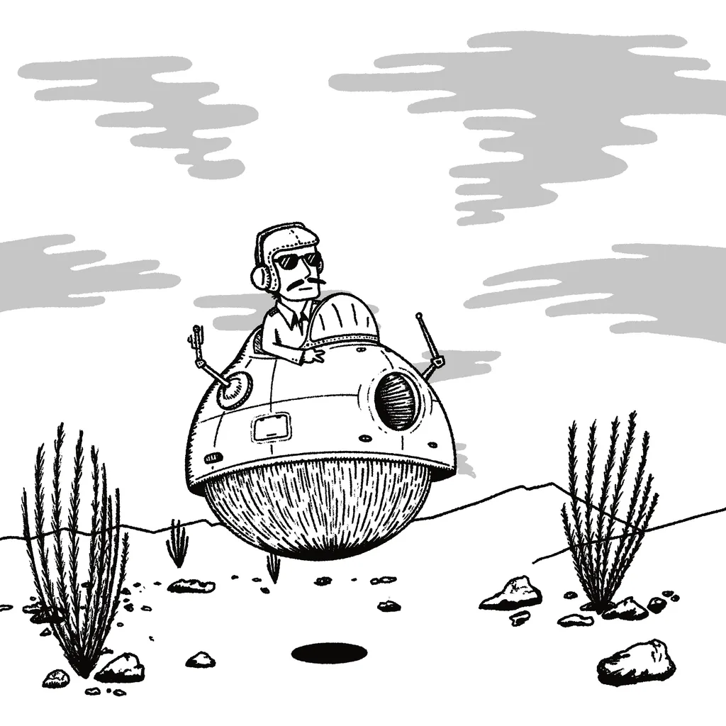 A cartoon drawing features a pilot in a helmet and goggles seated in a round flying craft, hovering above clumps of grass and rocks under stylized gray clouds.