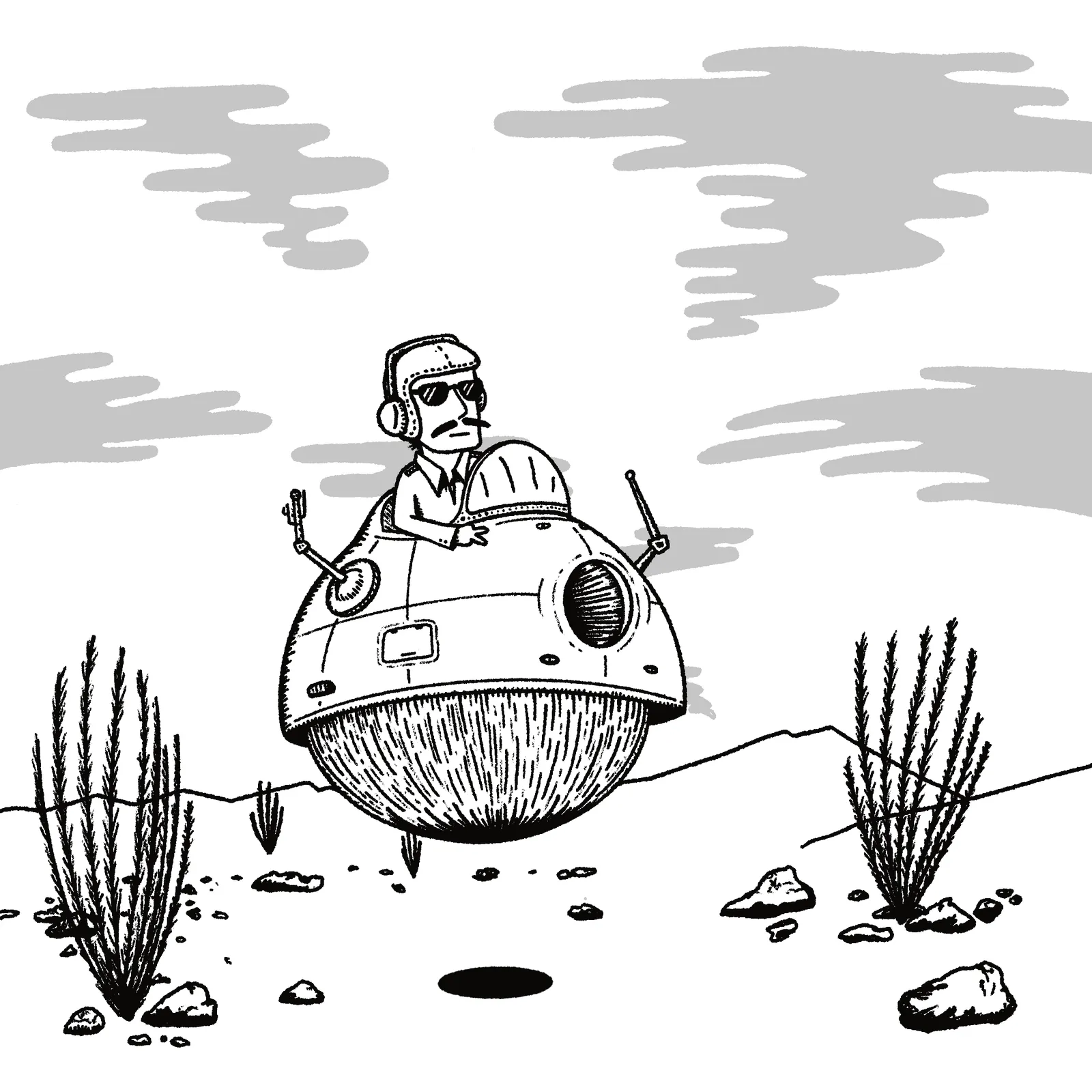 A cartoon drawing features a pilot in a helmet and goggles seated in a round flying craft, hovering above clumps of grass and rocks under stylized gray clouds.
