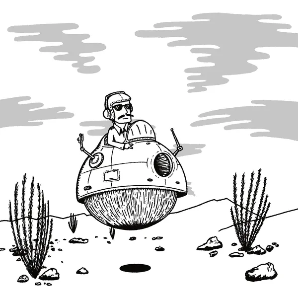 A cartoon drawing features a pilot in a helmet and goggles seated in a round flying craft, hovering above clumps of grass and rocks under stylized gray clouds.