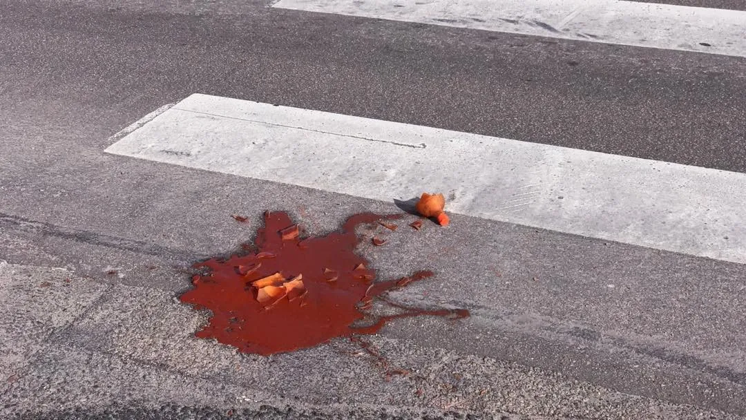 Dark asphalt features a central splatter of reddish-brown liquid near a stark white painted stripe, accompanied by several small orange objects.