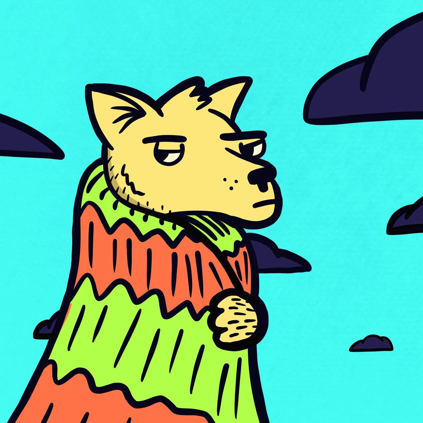 A cartoon fox with yellow fur and bold black outlines wears a striped red and green tunic, set against a light blue background featuring dark abstract shapes.