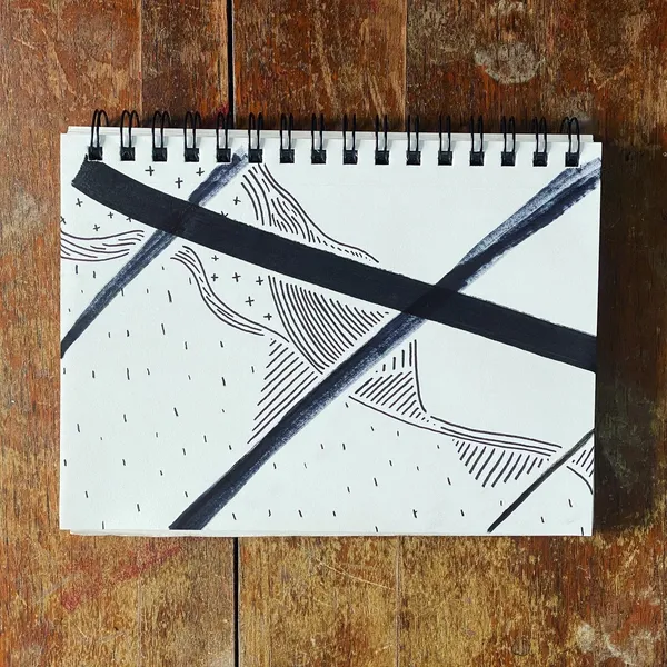 Black ink drawing on white paper featuring thick intersecting diagonal lines, abstract wavy forms, and scattered small plus signs and dashes.