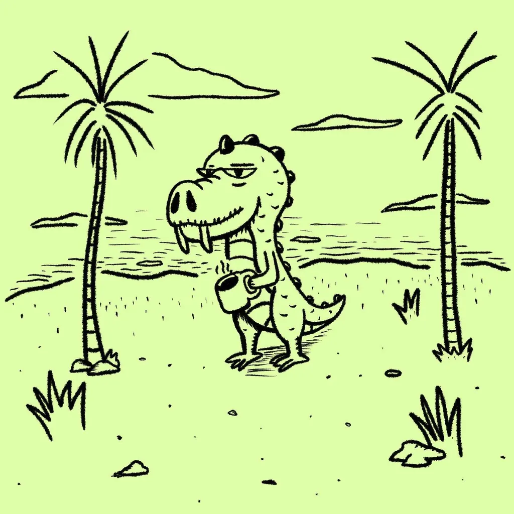 A sketchy black line drawing features a cartoon dinosaur holding a mug on a tropical beach, framed by two palm trees and set against a light green background.