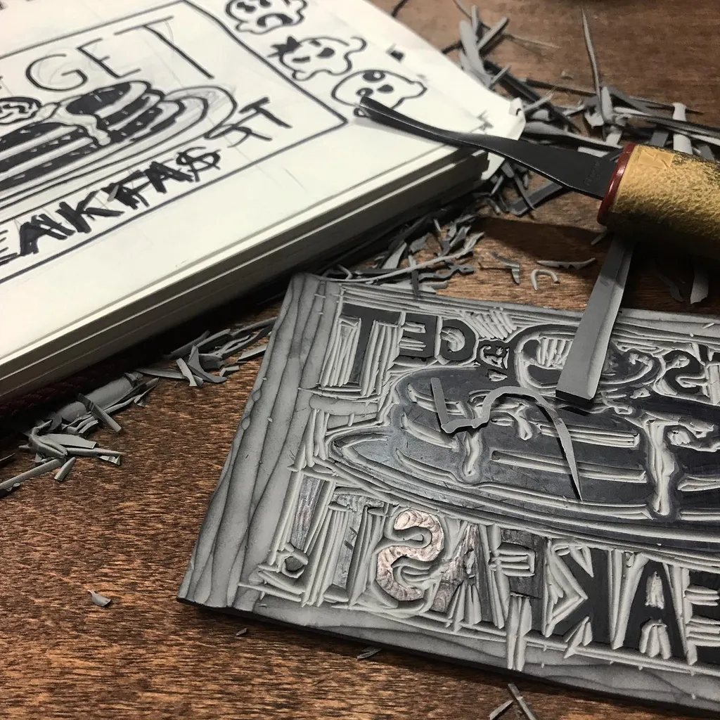 A wooden surface holds an open sketchbook with lettering, next to a detailed, stylized drawing featuring curved lines and block text, accompanied by drawing tools and shavings.