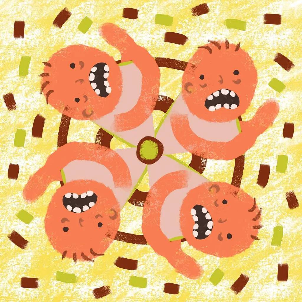 Three orange, cartoonish figures are grouped in a triangle on a yellow background, surrounded by scattered green and brown marks, rendered with visible, textured strokes.