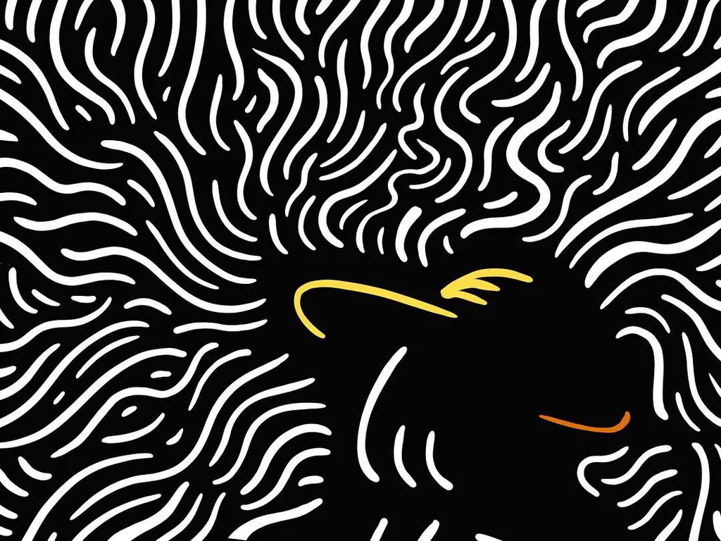 White wavy lines create a dense, swirling pattern on the left, contrasting with a black abstract figure on the right marked by yellow and orange lines.