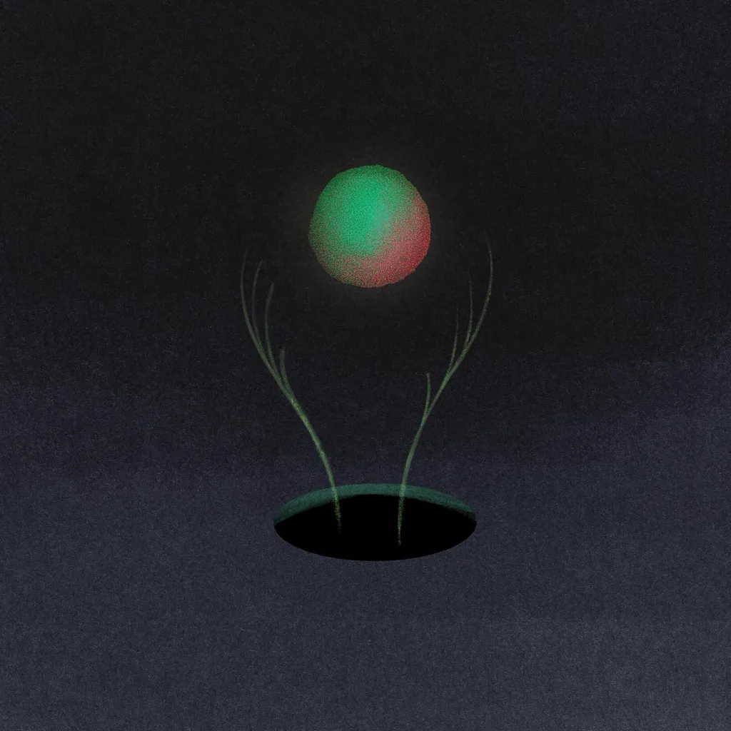 A centered composition on a dark background shows a black base, two pale green stalks, and a large circle above them, colored bright green over a reddish-orange lower half.