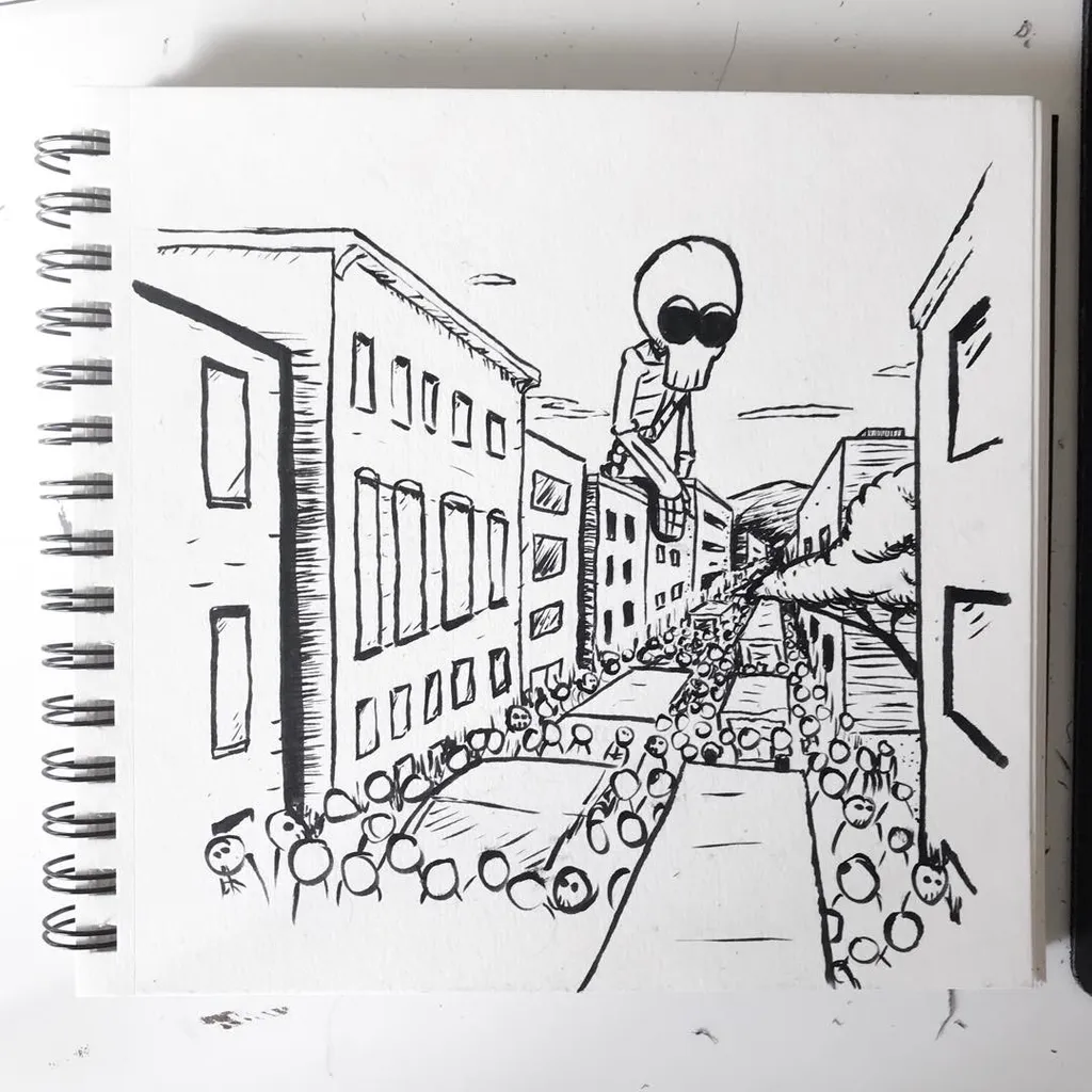 A sketchy black line drawing shows a street lined with buildings, featuring a large, stylized figure standing on the corner while many small, round figures gather in the foreground.