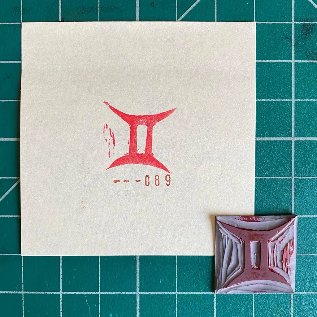A cream square on a teal grid features a red stylized mark and the numbers 689, positioned above a small, reddish-brown square object with carved details and a central opening.