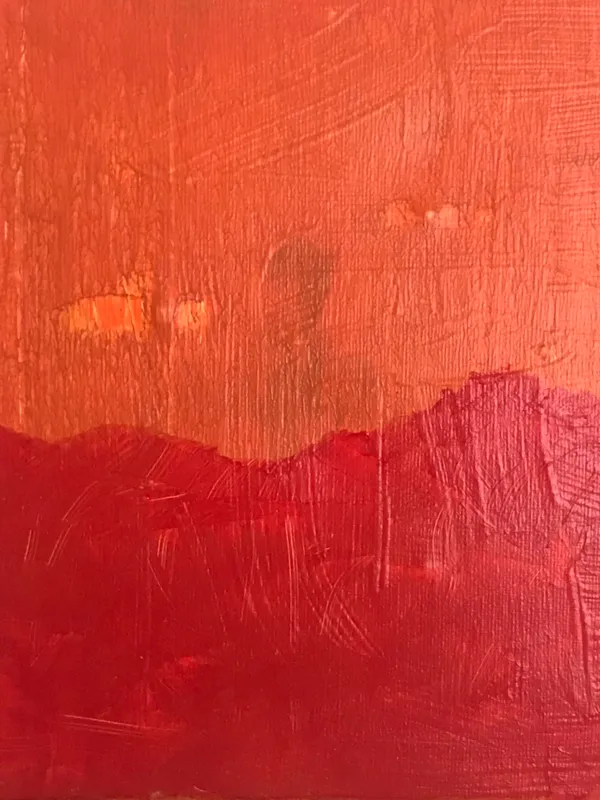 Abstract composition of warm colors, featuring a deep red base and an ochre upper field, separated by a dark, undulating horizon line with visible, layered brushstrokes.