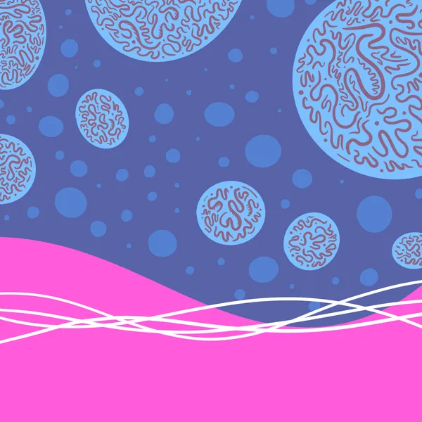 Dark blue background featuring scattered light blue dots and large abstract organic shapes, separated by a wavy line from a bright pink lower section marked by thin white wavy lines.