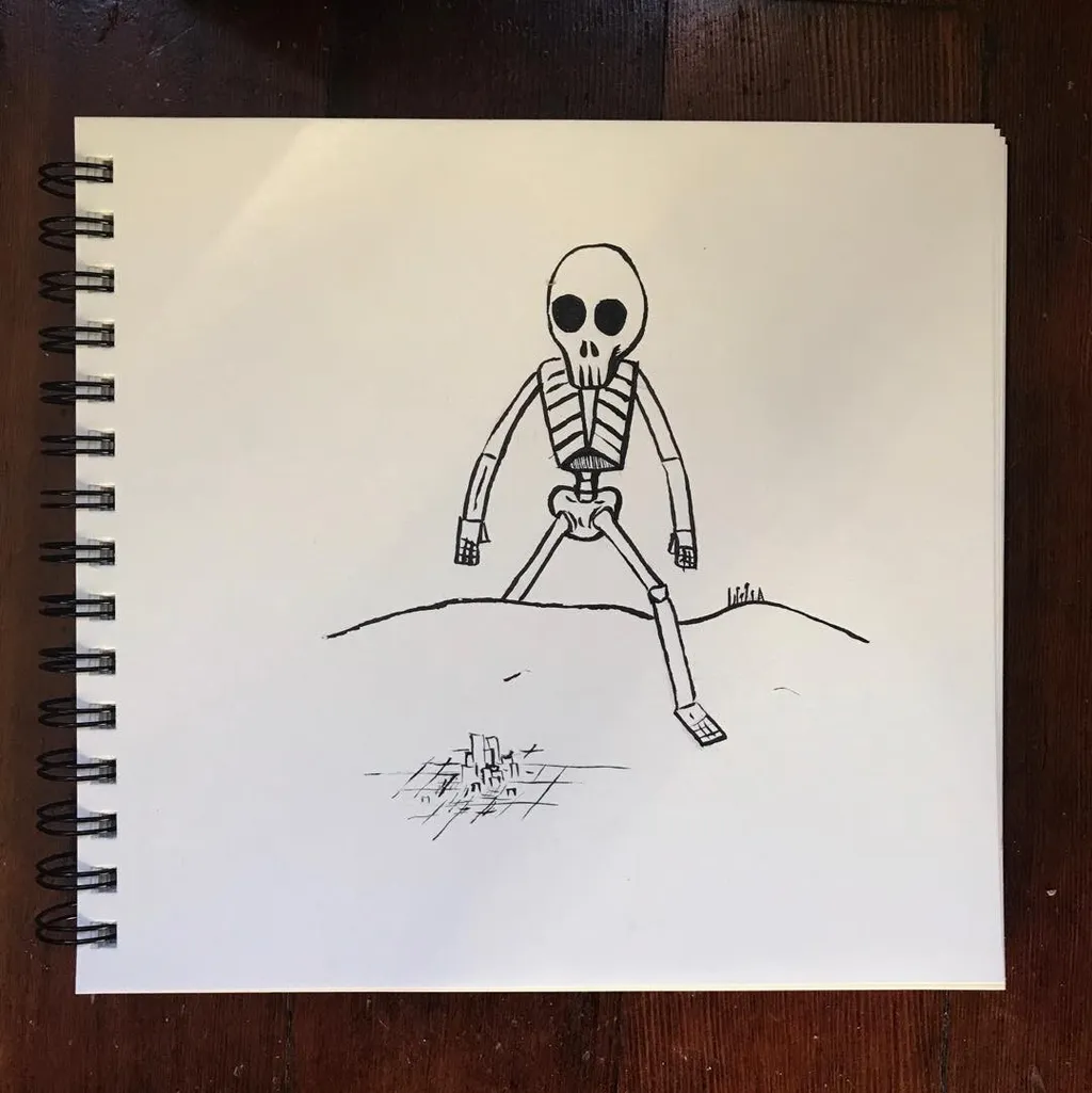 A simple black line drawing of a stylized skeleton figure standing on a ground line, with small sketchy details drawn in the foreground.
