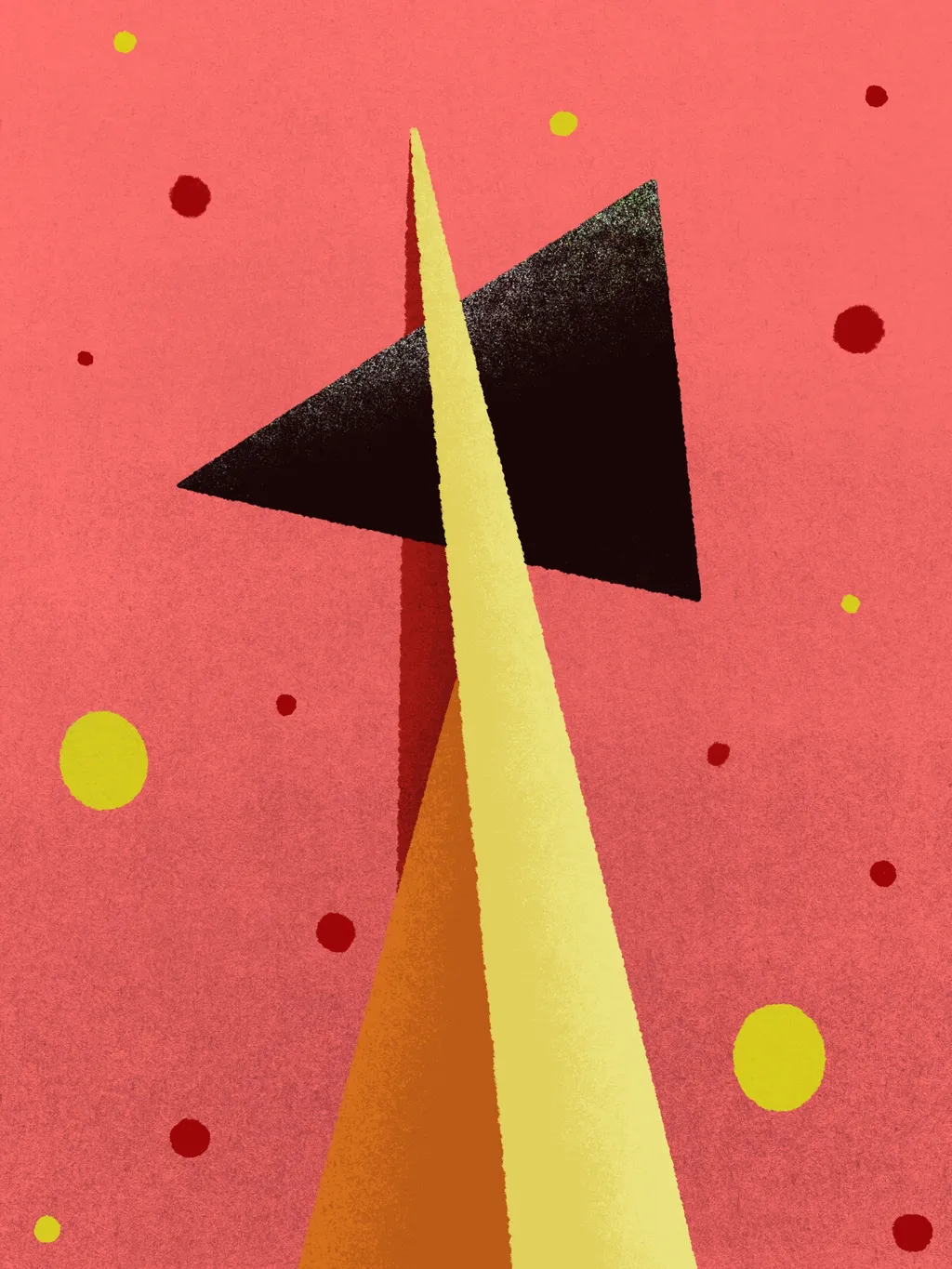 A central, vertical, yellow-orange spire with a black triangle attached rises against a coral background scattered with small yellow, red, and orange dots.