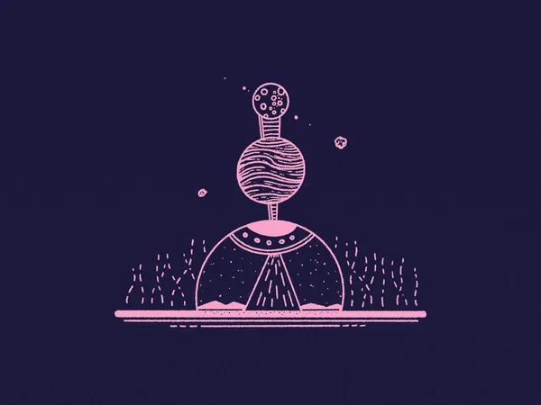 Against a dark indigo background, pink sketchy lines depict a grounded, dome-like object supporting a smaller, striped sphere, with scattered dots and lines suggesting a cosmic scene.