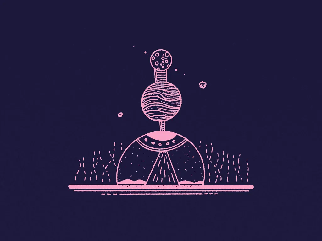 Against a dark indigo background, pink sketchy lines depict a grounded, dome-like object supporting a smaller, striped sphere, with scattered dots and lines suggesting a cosmic scene.
