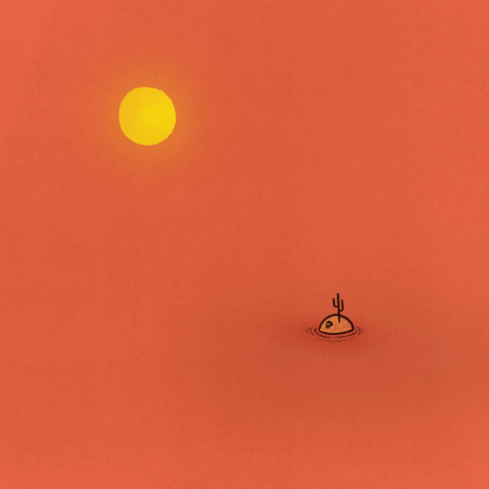 A minimalist composition features a bright yellow circle in the upper left corner against a solid orange background, with a small black line drawing of a cactus floating on water in the lower right.