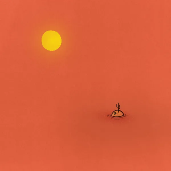 A minimalist composition features a bright yellow circle in the upper left corner against a solid orange background, with a small black line drawing of a cactus floating on water in the lower right.