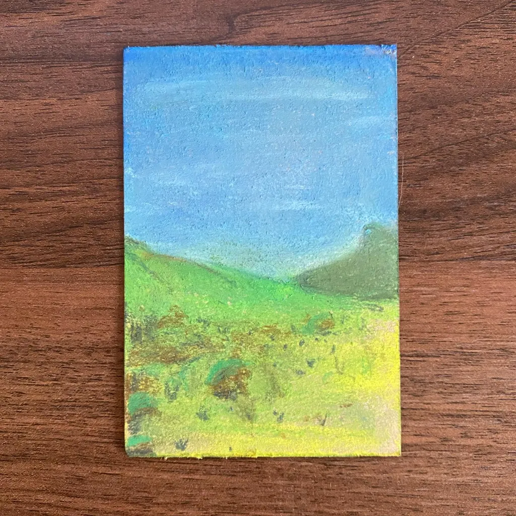 Horizontal bands depict a bright blue sky over rolling green hills that transition into a yellow-green foreground, rendered with visible brushstrokes.