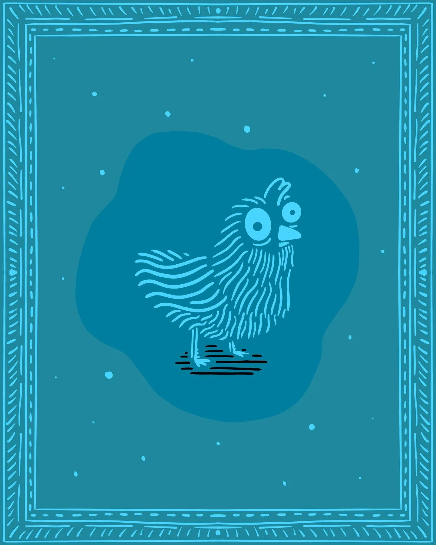A stylized blue bird is centered within a large, irregular teal shape, which is enclosed by a patterned blue border.