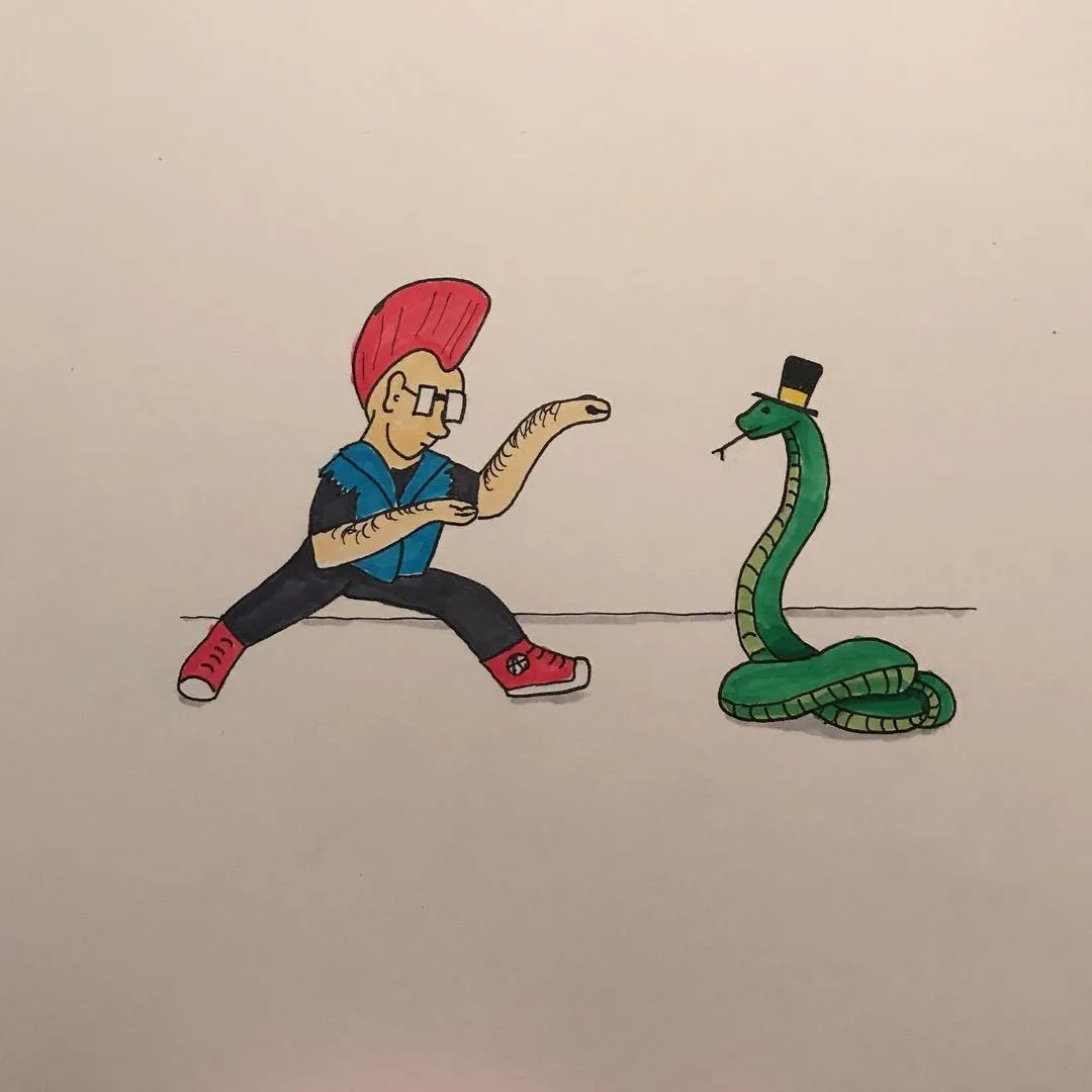 A drawing shows a man with a red turban and glasses crouching and pointing toward a coiled green snake that stands upright on a horizontal line.