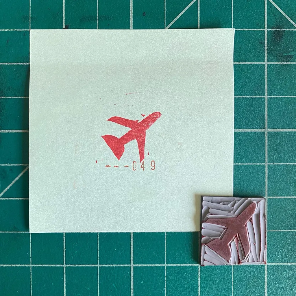 A cream paper on a teal grid displays a red airplane silhouette and the number -049, next to a small, square, layered object in dusty rose and white that resembles an airplane.