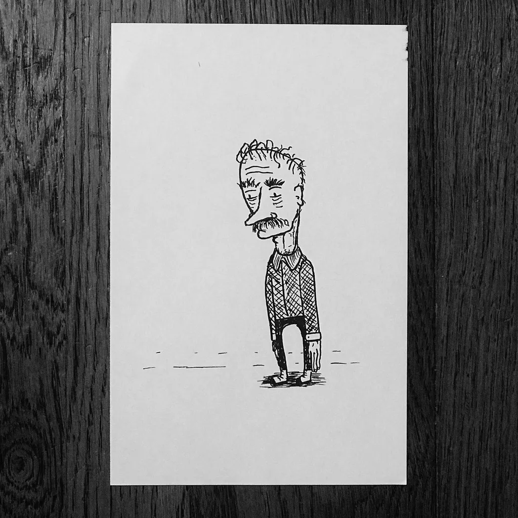 A black and white line drawing of a stylized, somewhat grotesque figure standing centered on a sheet of paper.