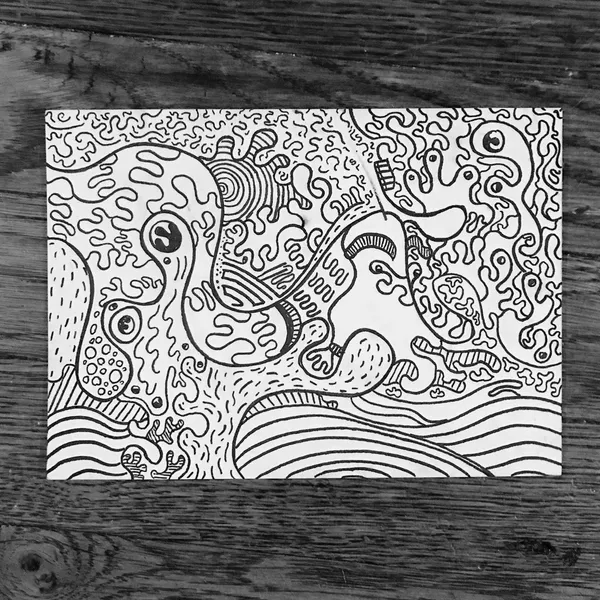 Black and white line drawing featuring multiple stylized, serpentine figures and abstract, swirling patterns that fill the composition.