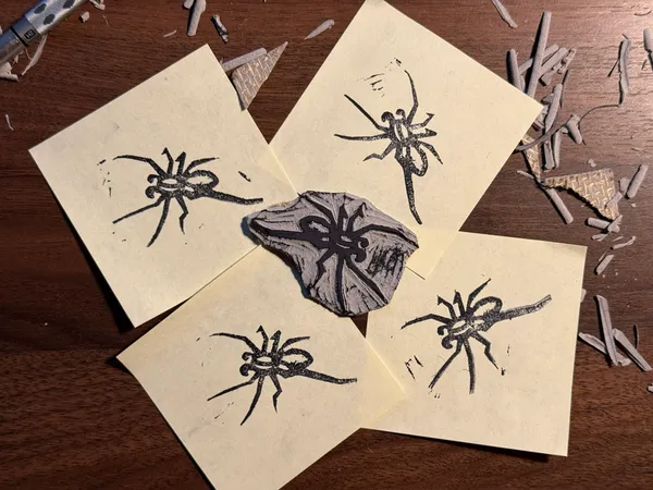 On a dark wooden surface, six sheets of cream paper display black ink sketches of various spiders, including a central, detailed mask-like drawing.