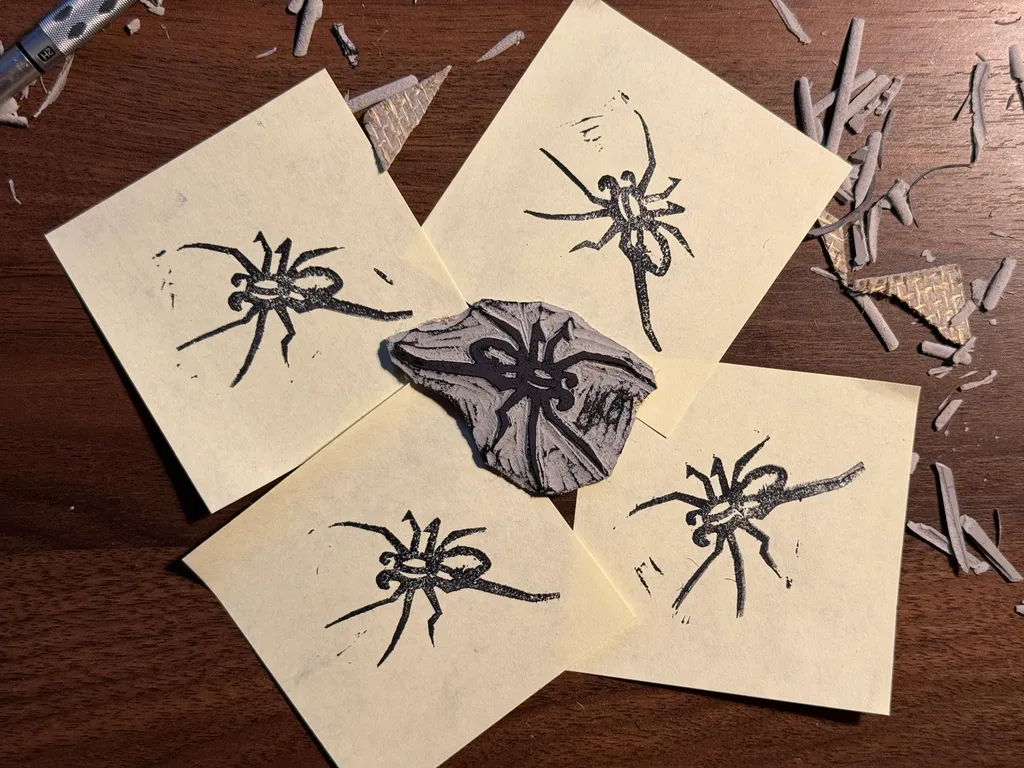 On a dark wooden surface, six sheets of cream paper display black ink sketches of various spiders, including a central, detailed mask-like drawing.
