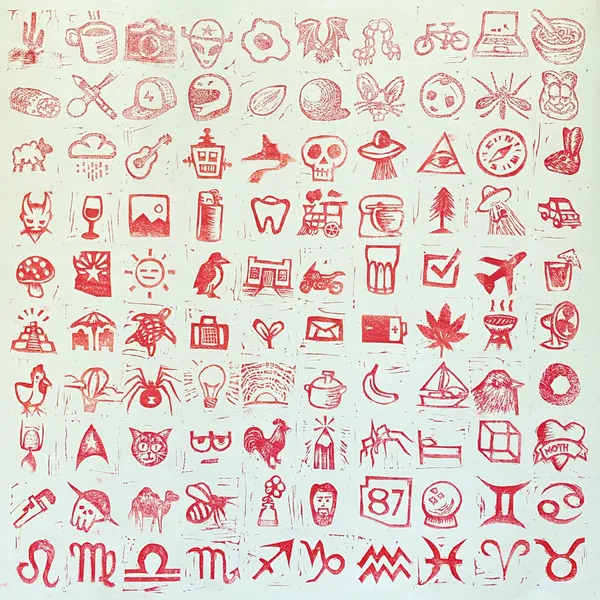 A dense composition of stylized red ink doodles on light paper, featuring zodiac signs, animals, and various symbols arranged in neat rows and columns across the entire surface.
