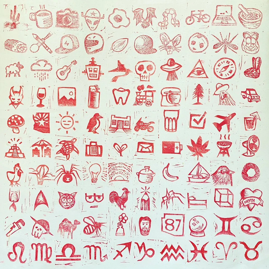 A dense composition of stylized red ink doodles on light paper, featuring zodiac signs, animals, and various symbols arranged in neat rows and columns across the entire surface.