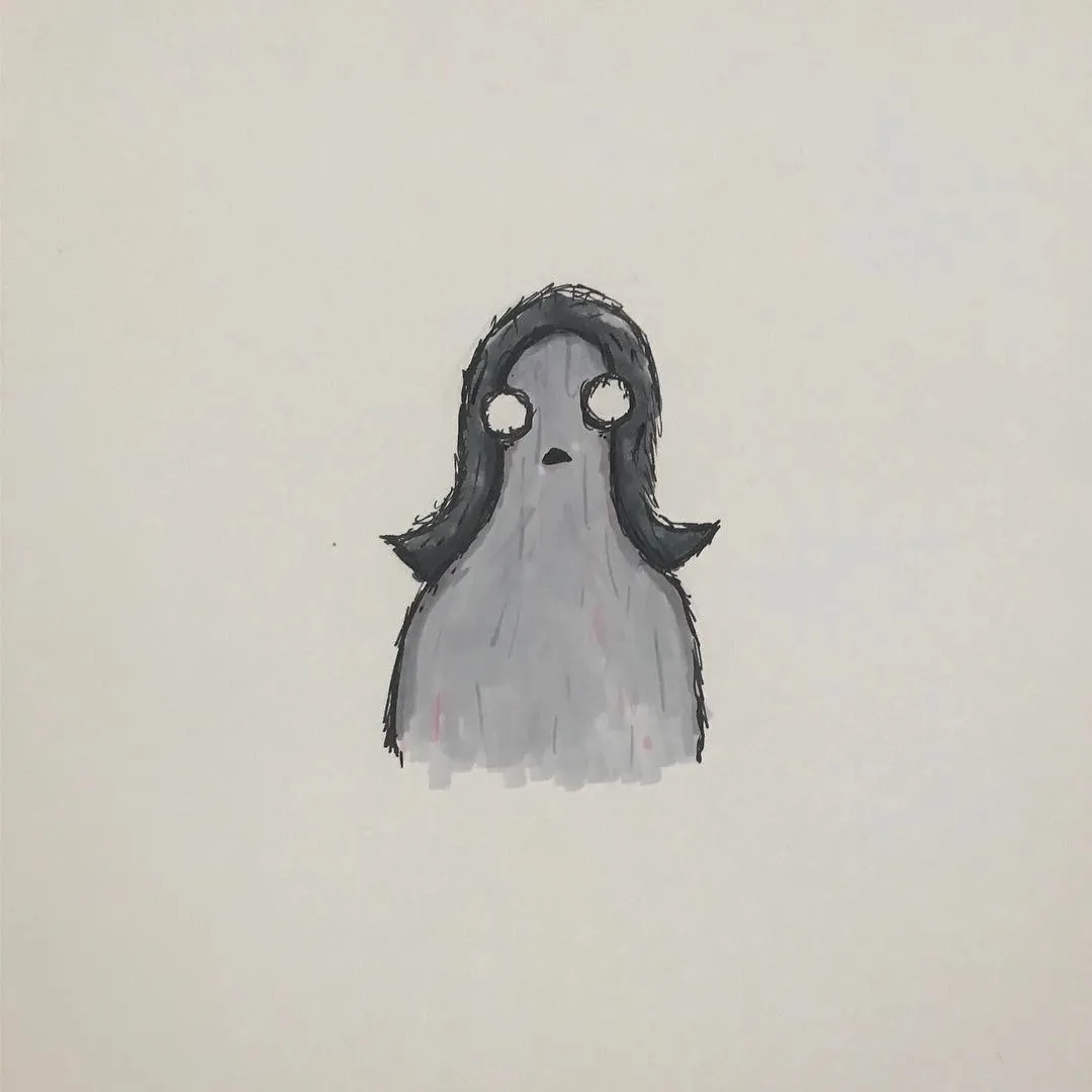A centered drawing of a stylized ghost figure in gray, with a dark head and large black eyes, rendered with soft, smudged pencil marks.