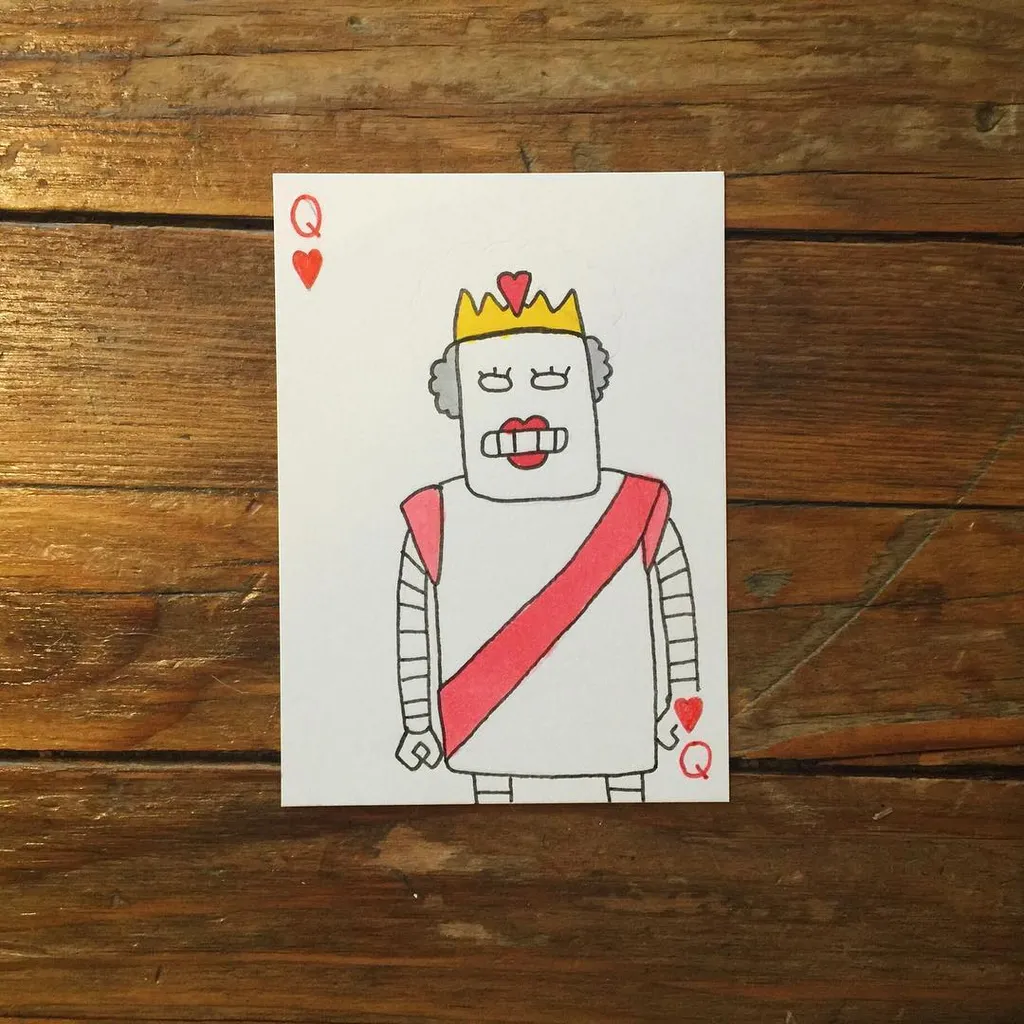 A stylized drawing of a Queen of Hearts playing card on white, depicting a figure with a crown and red sash, outlined in black and resting on a wooden surface.