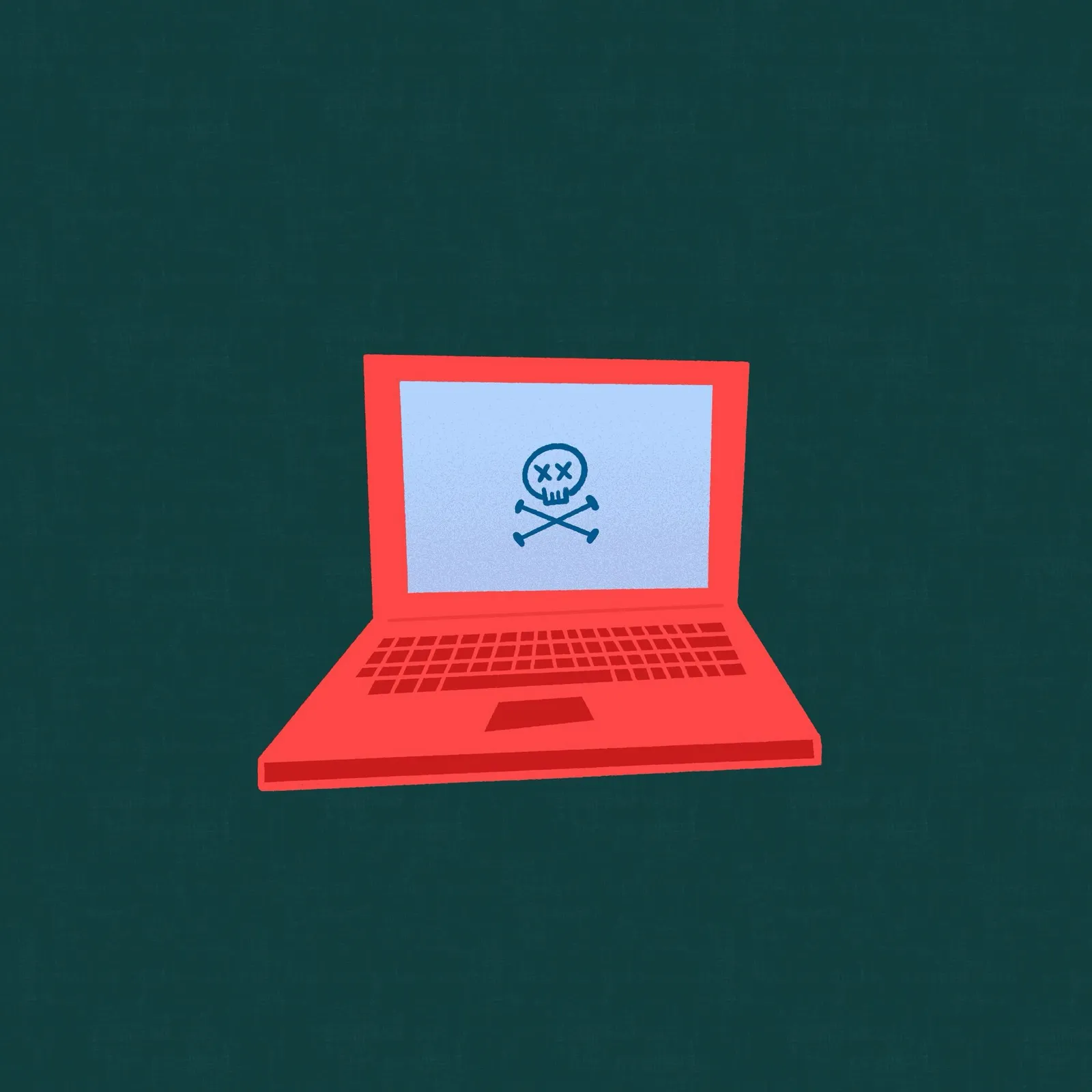 A red laptop is centered on a dark teal background, displaying a light blue screen with a white skull and crossbones graphic.