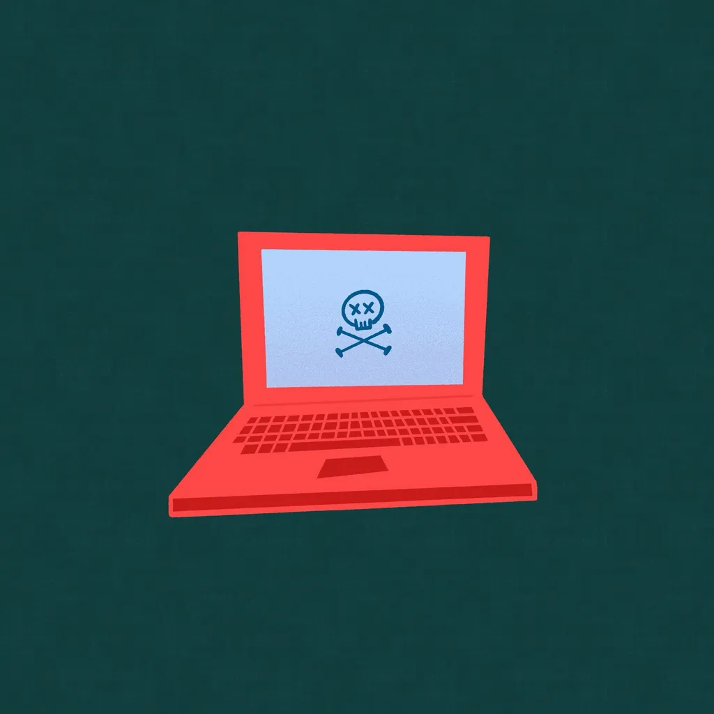 A red laptop is centered on a dark teal background, displaying a light blue screen with a white skull and crossbones graphic.